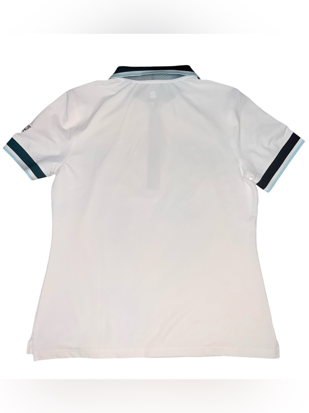 G/FORE White Polo Shirt with Teal and Navy Trim Womens Golf Short Preppy Small - Picture 6 of 7